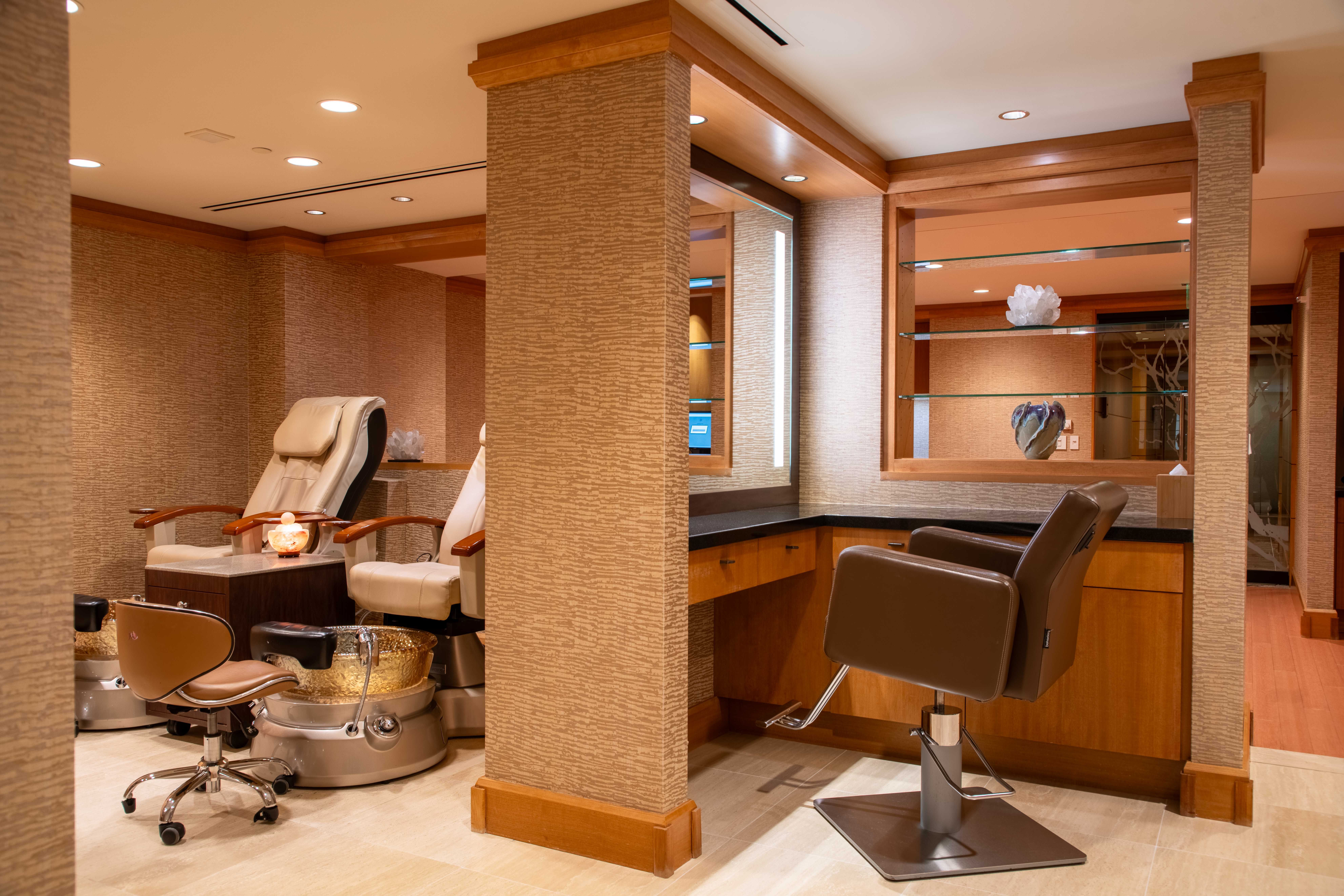 Salon area with pedicure area and hair stylist area